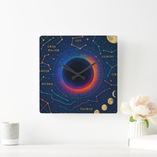 Cosmic Black Hole & Constellations Art - Celestial Quadratische Wanduhr (Zuhause)