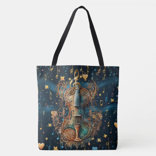 Cosmic Blue and Gold Rococo Violin Large Tote Tasche (Vorderseite)