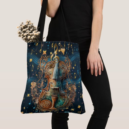 Cosmic Blue and Gold Rococo Violin Large Tote Tasche (Von Nahem)