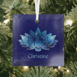 Cosmic Blue Galaxy Lotus Blume mit Name Ornament Aus Glas
