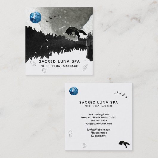 *~* Cosmic Blue Moon Fox Leaping Pine Tree  Quadratische Visitenkarte (Vorne/Hinten)