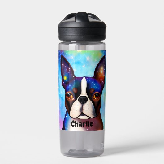 Cosmic Boston Terrier Monogram Trinkflasche (Vorderseite)