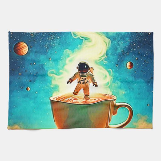 Cosmic Brew: Astronauts Kaffee-Traum Geschirrtuch (Horizontal)