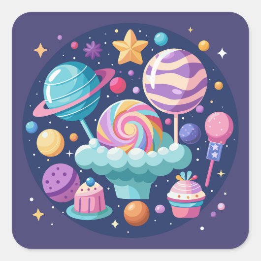 Cosmic Candy Wonderland Quadratischer Aufkleber (Vorderseite)