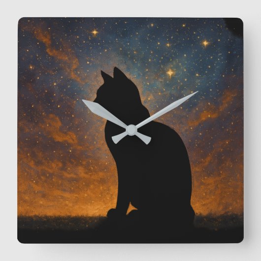 Cosmic Cat Silhouette Quadratische Wanduhr (Vorderseite)