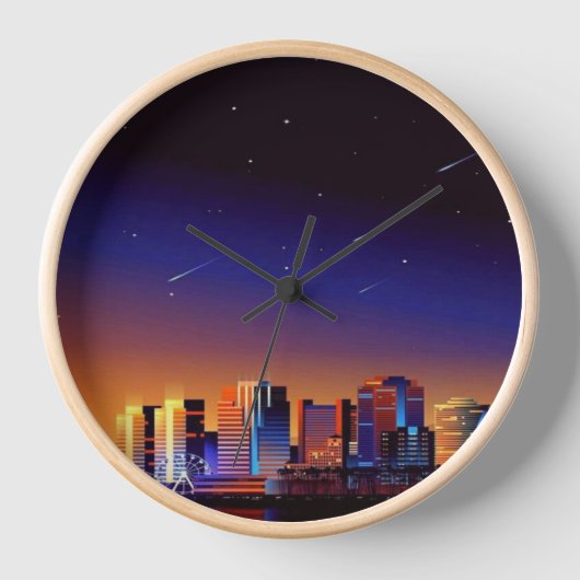 "Cosmic Cityscape Wall Clock - Lebhafter Nachtschw Uhr (Vorderseite)