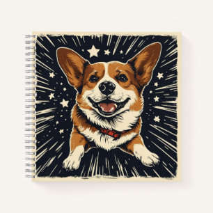 Cosmic Corgi - Starry Night Linocut Whimsy Notizblock