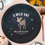 Cosmic Deer Wild One Pink Girl Baby Dusche Pappteller<br><div class="desc">Ein Baby kosmische Kreaturen woodland Baby Dusche Thema mit einer Abbildung eines Hirsche umgeben von Sternen. Rehe hat rosa und weiße Flecken. Personalisieren Sie den Text. Hintergrund ist Aquarellfarben kosmisches inspiriertes Design.</div>