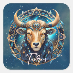 Cosmic Elegant Zodiac Sign Bull Black Gold Taurus Quadratischer Aufkleber