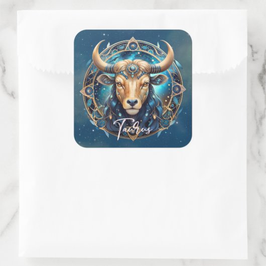 Cosmic Elegant Zodiac Sign Bull Black Gold Taurus Quadratischer Aufkleber (Tasche)