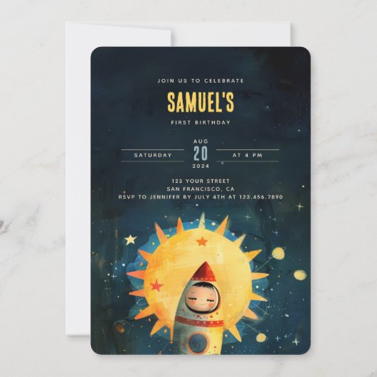 Cosmic First Birthday Blast: Space Adventure Party Einladung (Rückseite)