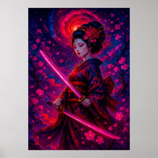 Cosmic Geisha Samurai mit leuchtenden Schwertern F Poster (Vorne)