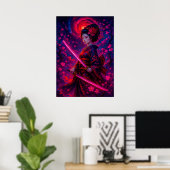 Cosmic Geisha Samurai mit leuchtenden Schwertern F Poster (Heimbüro)