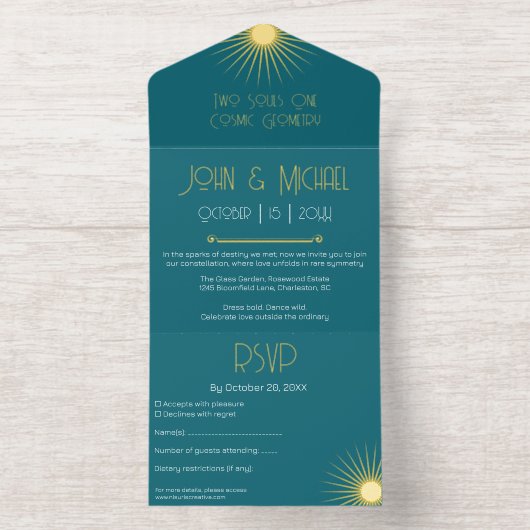 Cosmic Geometry Wedding Emerald Gold Sternexplosio All-in-One-Einladung (Innenseite)