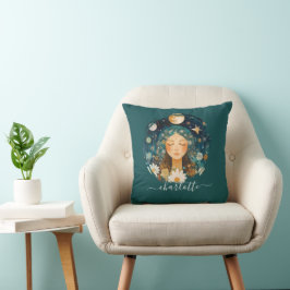 Cosmic Girl Boho Mond & Gänseblümchen Illustration Kissen