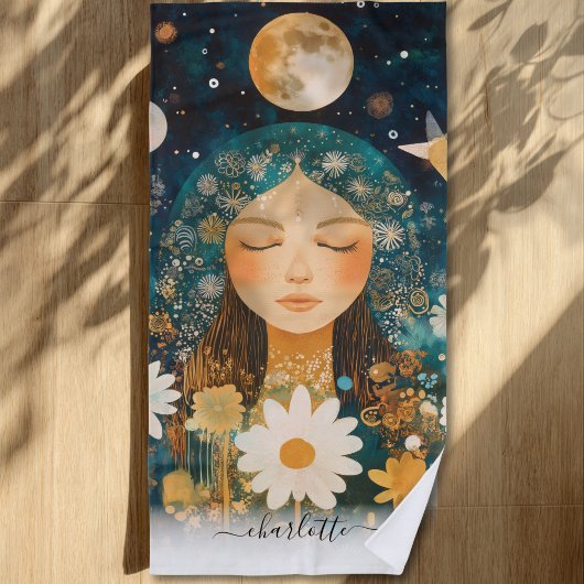 Cosmic Girl Boho Moon & Daisy Illustration Custom Strandtuch