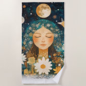 Cosmic Girl Boho Moon & Daisy Illustration Custom Strandtuch (Vorderseite)