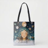 Cosmic Girl Boho Moon & Daisy Illustration Custom Tasche (Vorderseite)