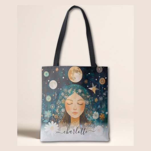 Cosmic Girl Boho Moon & Daisy Illustration Custom Tasche