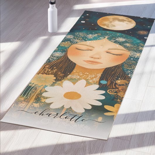 Cosmic Girl Boho Moon & Daisy Illustration Custom Yogamatte