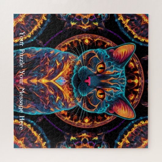 Cosmic Guardian Cat - Neon Galaxy Mandala Puzzle (Horizontal)