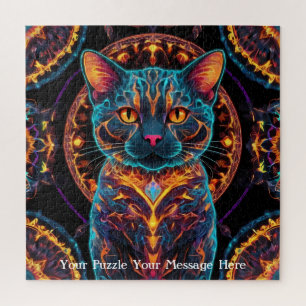 Cosmic Guardian Cat - Neon Galaxy Mandala Puzzle