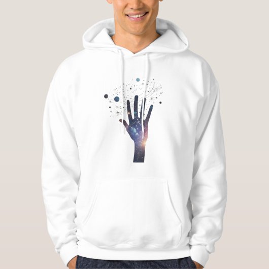 Cosmic Hand in Starry Galaxy – Surreal Spiritual S Hoodie (Vorderseite)