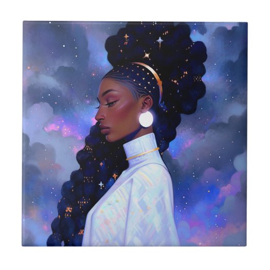 Cosmic Lady African American Fantasy Art Fliese (Vorderseite)