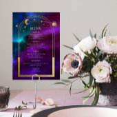 Cosmic Lila Aquamarin Gold Sun Moon Stars Hochzeit Menükarte