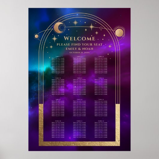Cosmic Lila Aquamarin Gold Sun Moon Stars Hochzeit Poster (Vorne)