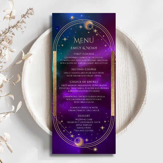 Cosmic Lila Aquamarine Sun Moon Wedding Menu Cards Menükarte