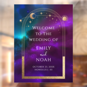 Cosmic Lila Gold Sun Moon Stars Begrüßungszeichen Fensteraufkleber