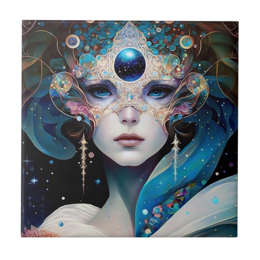 Cosmic Masked Goddess Queen Fantasy Art Fliese (Vorderseite)