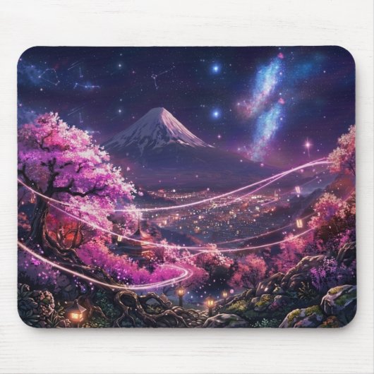 Cosmic Mount Fuji & Sakura Night Mouse Pad - Anime Mousepad (Vorne)