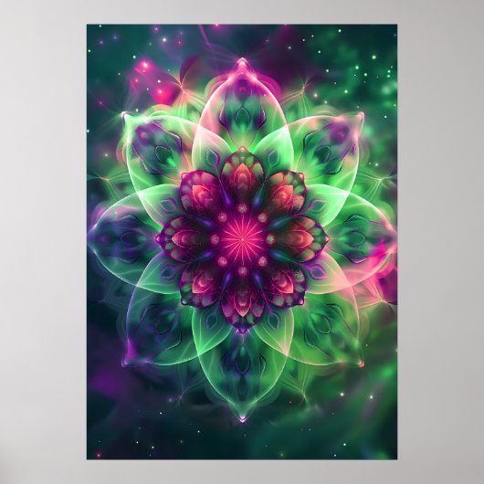 Cosmic Neon Blume Mandala Poster (Vorne)