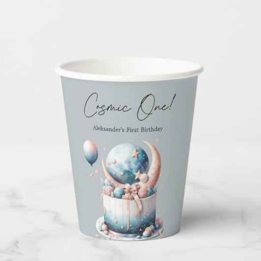 Cosmic One! Celestial 1st Boy Birthday Pappbecher (Vorderseite)