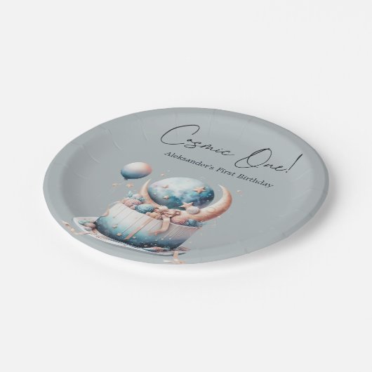 Cosmic One! Celestial 1st Boy Birthday Pappteller (Schrägansicht)
