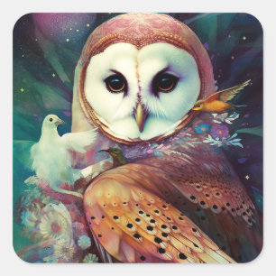 Cosmic Owl Fantasy Art Quadratischer Aufkleber