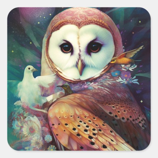 Cosmic Owl Fantasy Art Quadratischer Aufkleber (Vorderseite)