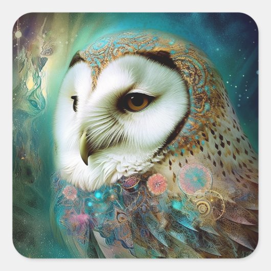 Cosmic Owl Fantasy Art Quadratischer Aufkleber (Vorderseite)