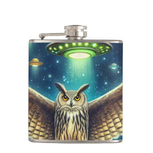 Cosmic Owl Nightscape - Ufos im Himmel Flachmann