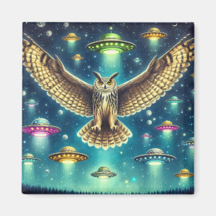 Cosmic Owl Nightscape - Ufos im Himmel Magnet