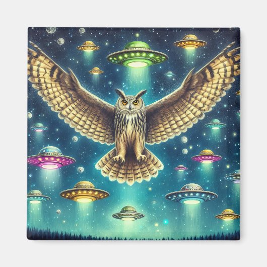 Cosmic Owl Nightscape - Ufos im Himmel Magnet (Vorne)