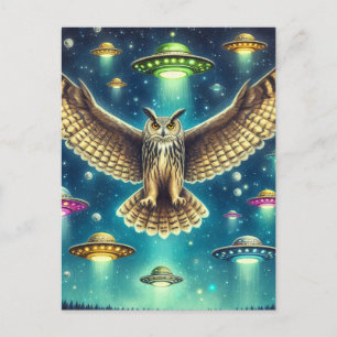 Cosmic Owl Nightscape - Ufos im Himmel Postkarte