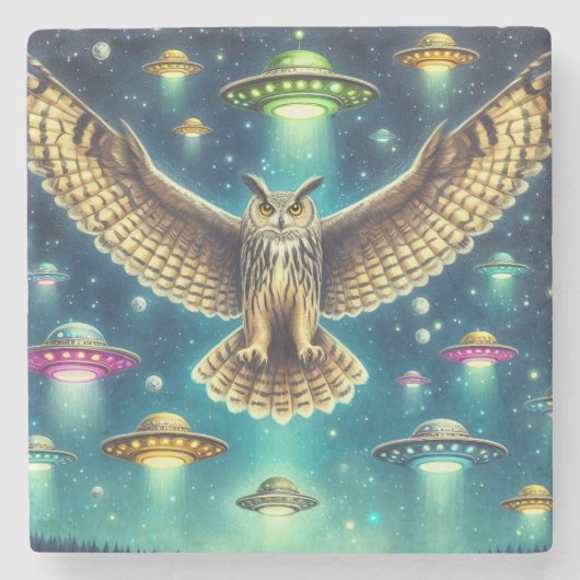 Cosmic Owl Nightscape - Ufos im Himmel Steinuntersetzer (Vorderseite)