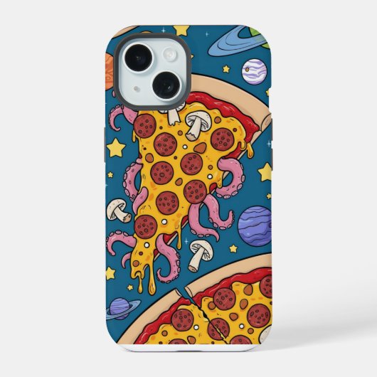 Cosmic Pizza Slice: Verrückte Weltraum-Abenteuer iPhone 15 Hülle (Rückseite)