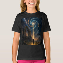 "Cosmic Portal Adventure - Girls' Black Graphic T-Shirt