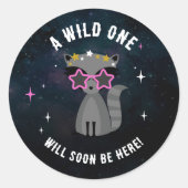 Cosmic Raccoon Wild One Pink Girl Baby Dusche Runder Aufkleber (Vorderseite)