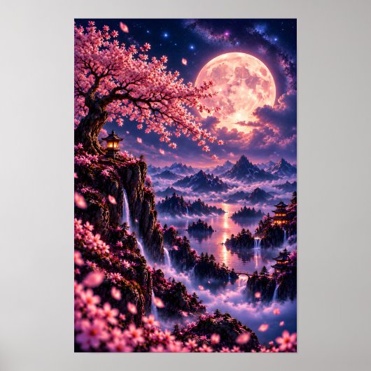Cosmic Sakura: Violet Nebula Celestial Fantasy Art Poster (Vorne)