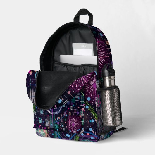 Cosmic Snow Storm: Abstract Maximalism Art Bedruckter Rucksack (Rückseitige Ecke links (Offen) )